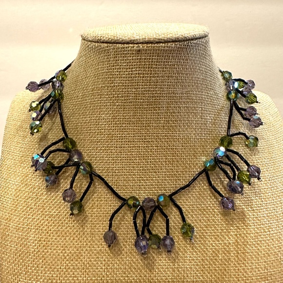 Glass Crystal bead necklace marked DOL, Black bead chain, green & blue crystals - Picture 2 of 14